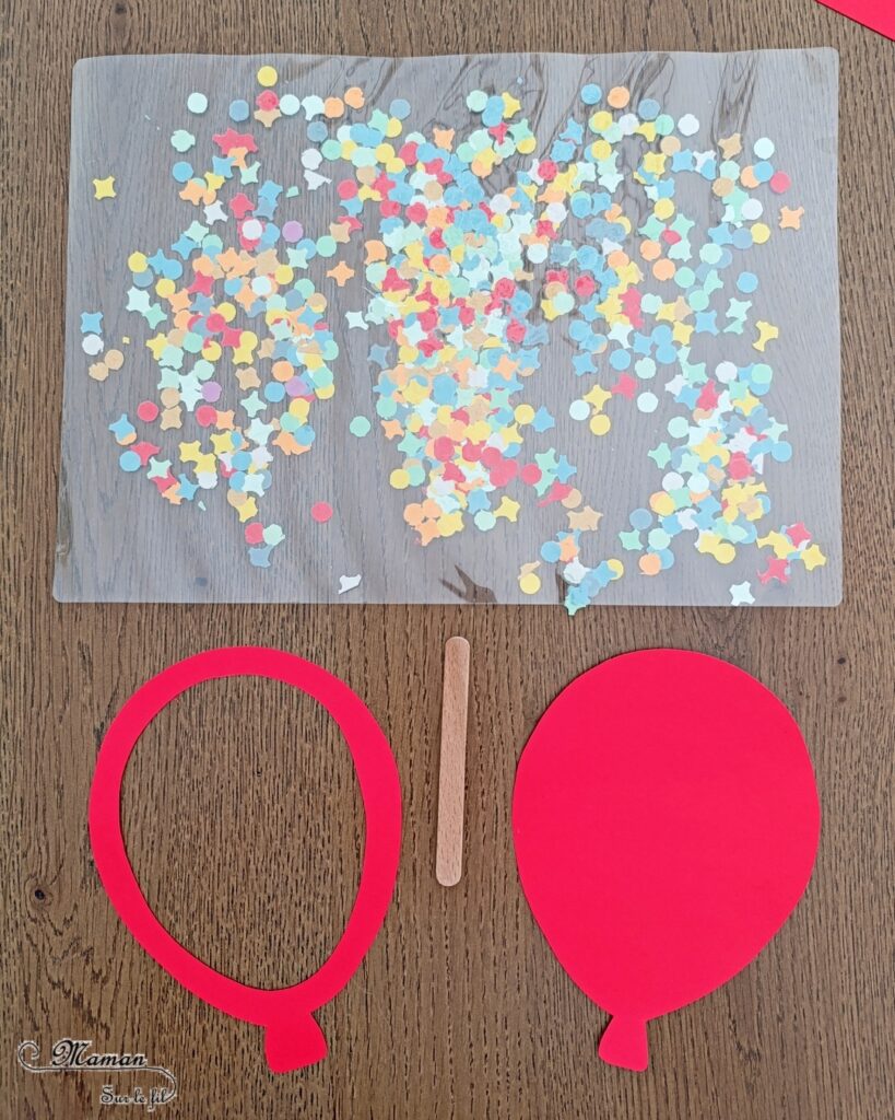 Fabriquer des ballons de Carnaval avec des confettis : activité créative et manuelle enfants - Confettis dans une feuille à plastifier - Plastifieuse pour le côté transparent - Découpage, collage - Ballons de baudruche colorés et décorés - Récup' de bâtonnets de glace en bois pour les tenir - Bricolage ludique et coloré pour un thème Carnaval, Mardi Gras, Anniversaire ou Cirque - Bricolage et décoration sympa et facile - Arts visuels Maternelle et cycle 2 - Maternelle et élémentaire - Créativité - Cycle 1 ou 2 - tutoriel photos et vidéo - mslf