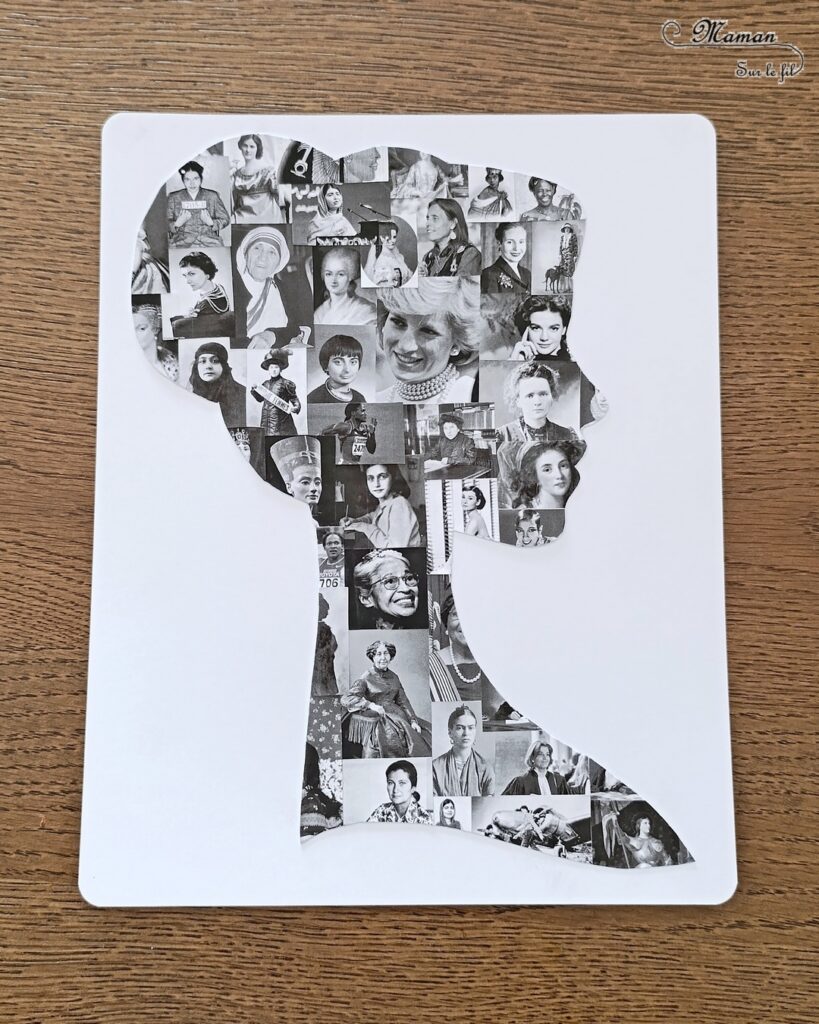 Créer une silhouette de femme de profil avec des photos en noir et blanc pour la journée internationale des droits de la femme : activité créative et manuelle enfants - Recherche documentaire autour des femmes connues, remarquables et historiques - Recherche de photos - Impression, découpage, collage - Thème Amour, amitié, Femme, histoire - Bricolage et décoration sympa et facile - Arts visuels Cycle 2, 3, 4 - Collège, lycée et élémentaire - Créativité - Cycle 2, 3 ou 4 - tutoriel photos - mslf