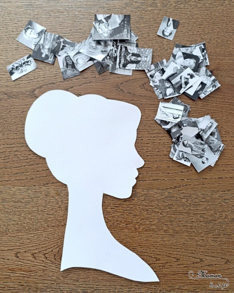 Créer une silhouette de femme de profil avec des photos en noir et blanc pour la journée internationale des droits de la femme : activité créative et manuelle enfants - Recherche documentaire autour des femmes connues, remarquables et historiques - Recherche de photos - Impression, découpage, collage - Thème Amour, amitié, Femme, histoire - Bricolage et décoration sympa et facile - Arts visuels Cycle 2, 3, 4 - Collège, lycée et élémentaire - Créativité - Cycle 2, 3 ou 4 - tutoriel photos - mslf