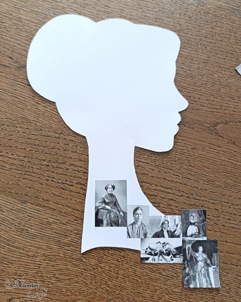 Créer une silhouette de femme de profil avec des photos en noir et blanc pour la journée internationale des droits de la femme : activité créative et manuelle enfants - Recherche documentaire autour des femmes connues, remarquables et historiques - Recherche de photos - Impression, découpage, collage - Thème Amour, amitié, Femme, histoire - Bricolage et décoration sympa et facile - Arts visuels Cycle 2, 3, 4 - Collège, lycée et élémentaire - Créativité - Cycle 2, 3 ou 4 - tutoriel photos - mslf