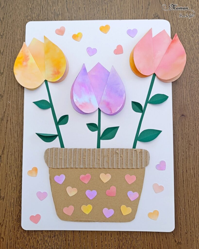 Créer des tulipes avec du papier aluminium et des feutres : activité créative et manuelle enfants - Technique du coloriage sur papier aluminium et eau - Pulvérisateur - Tulipes en collage de 3 coeurs - Relief, 3D - Pot en récup' de carton déchiré et épais - Perforatrice Coeur - Découpage collage - Thème fleurs, printemps, jardin, Pâques et nature - Couleurs pastels et type aquarelle - Bricolage et décoration sympa et facile - Arts visuels maternelle et élémentaire - Cycles 1 et 2 - Créativité - tutoriel photos - mslf