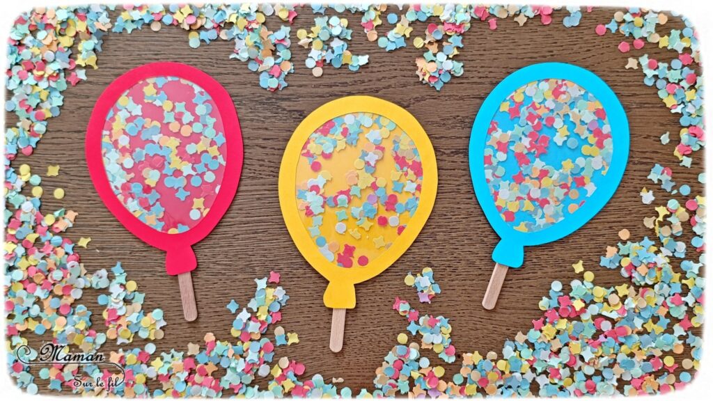 Fabriquer des ballons de Carnaval avec des confettis : activité créative et manuelle enfants - Confettis dans une feuille à plastifier - Plastifieuse pour le côté transparent - Découpage, collage - Ballons de baudruche colorés et décorés - Récup' de bâtonnets de glace en bois pour les tenir - Bricolage ludique et coloré pour un thème Carnaval, Mardi Gras, Anniversaire ou Cirque - Bricolage et décoration sympa et facile - Arts visuels Maternelle et cycle 2 - Maternelle et élémentaire - Créativité - Cycle 1 ou 2 - tutoriel photos et vidéo - mslf