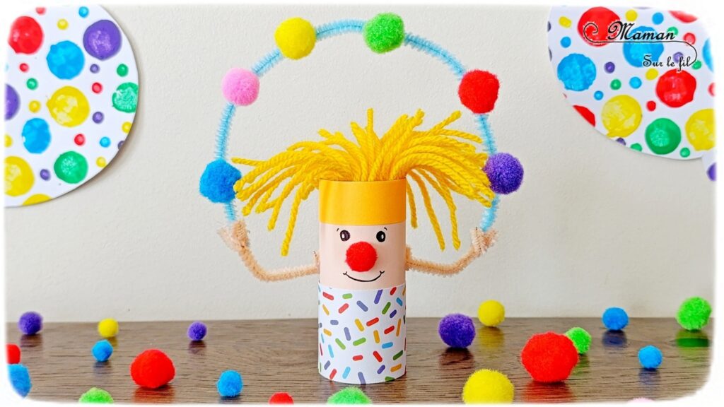 Fabriquer un clown qui jongle en récup' : activité créative, récup' et manuelle enfants - Recyclage, surcyclage de rouleau de papier toilette, PQ en carton - Papier coloré - Jonglage avec fil chenille et pompons - Nez rouge en pompon et cheveux en laine - Bricolage rigolo, ludique et coloré pour un thème Carnaval, Mardi Gras ou Cirque - Bricolage et décoration sympa et facile - Arts visuels Maternelle et cycle 2 - Maternelle et élémentaire - Créativité - Cycle 1 ou 2 - tutoriel photos - mslf