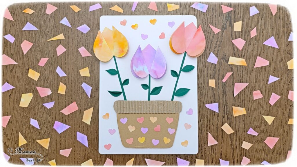 Créer des tulipes avec du papier aluminium et des feutres : activité créative et manuelle enfants - Technique du coloriage sur papier aluminium et eau - Pulvérisateur - Tulipes en collage de 3 coeurs - Relief, 3D - Pot en récup' de carton déchiré et épais - Perforatrice Coeur - Découpage collage - Thème fleurs, printemps, jardin, Pâques et nature - Couleurs pastels et type aquarelle - Bricolage et décoration sympa et facile - Arts visuels maternelle et élémentaire - Cycles 1 et 2 - Créativité - tutoriel photos - mslf