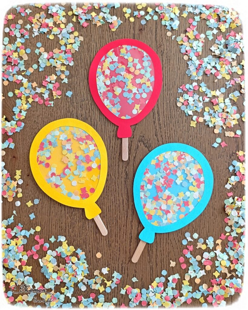 Fabriquer des ballons de Carnaval avec des confettis : activité créative et manuelle enfants - Confettis dans une feuille à plastifier - Plastifieuse pour le côté transparent - Découpage, collage - Ballons de baudruche colorés et décorés - Récup' de bâtonnets de glace en bois pour les tenir - Bricolage ludique et coloré pour un thème Carnaval, Mardi Gras, Anniversaire ou Cirque - Bricolage et décoration sympa et facile - Arts visuels Maternelle et cycle 2 - Maternelle et élémentaire - Créativité - Cycle 1 ou 2 - tutoriel photos et vidéo - mslf