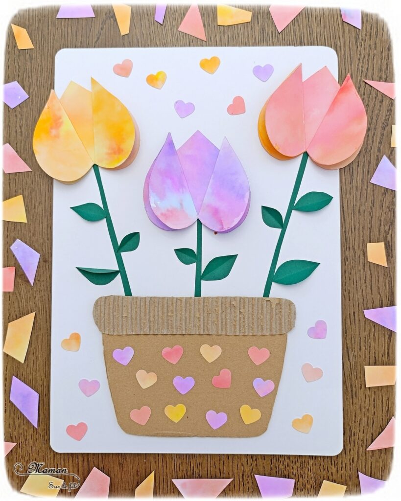 Créer des tulipes avec du papier aluminium et des feutres : activité créative et manuelle enfants - Technique du coloriage sur papier aluminium et eau - Pulvérisateur - Tulipes en collage de 3 coeurs - Relief, 3D - Pot en récup' de carton déchiré et épais - Perforatrice Coeur - Découpage collage - Thème fleurs, printemps, jardin, Pâques et nature - Couleurs pastels et type aquarelle - Bricolage et décoration sympa et facile - Arts visuels maternelle et élémentaire - Cycles 1 et 2 - Créativité - tutoriel photos - mslf