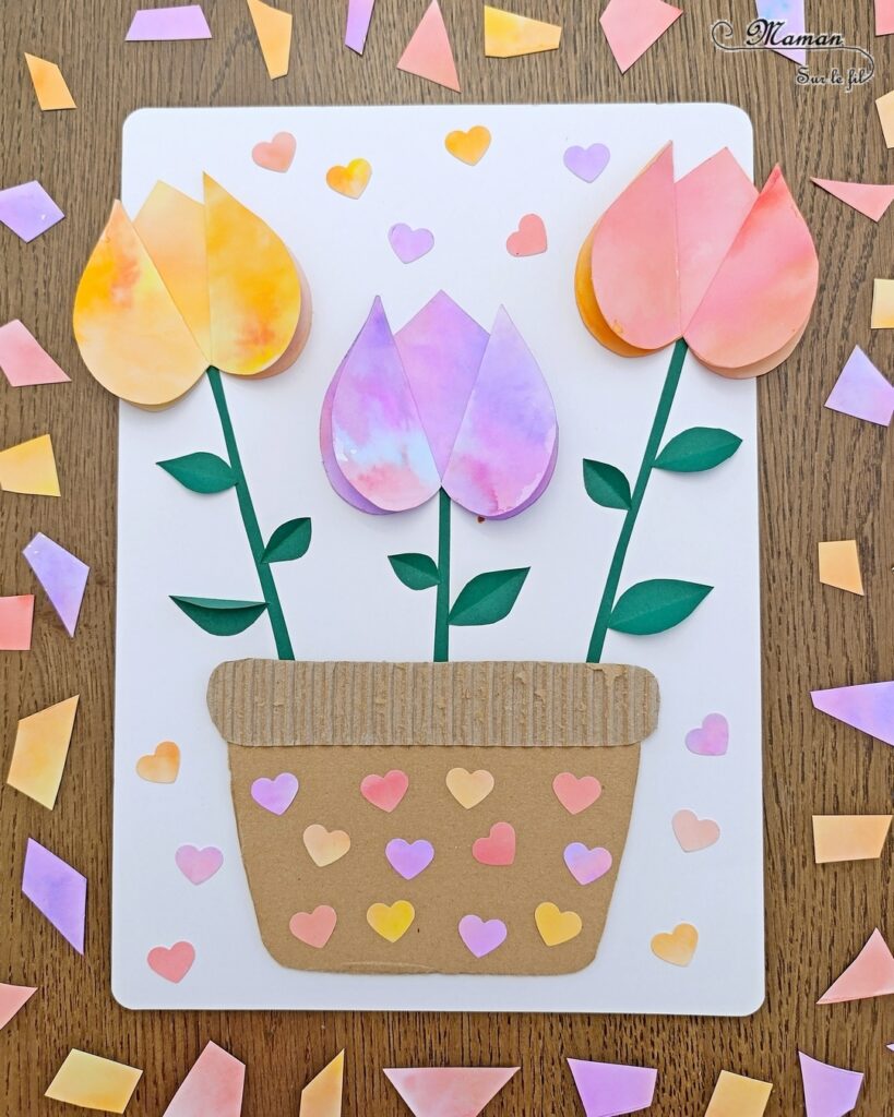 Créer des tulipes avec du papier aluminium et des feutres : activité créative et manuelle enfants - Technique du coloriage sur papier aluminium et eau - Pulvérisateur - Tulipes en collage de 3 coeurs - Relief, 3D - Pot en récup' de carton déchiré et épais - Perforatrice Coeur - Découpage collage - Thème fleurs, printemps, jardin, Pâques et nature - Couleurs pastels et type aquarelle - Bricolage et décoration sympa et facile - Arts visuels maternelle et élémentaire - Cycles 1 et 2 - Créativité - tutoriel photos - mslf